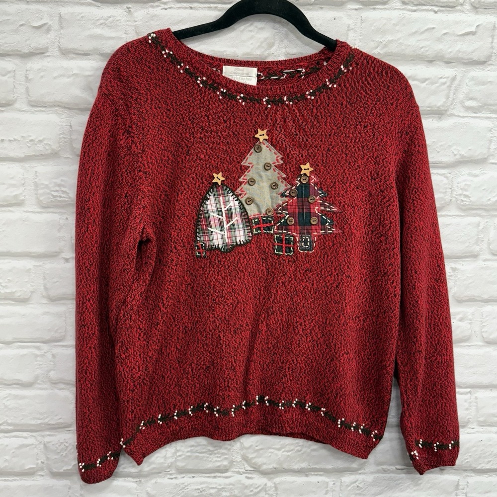 Christopher and Banks Red Embroidered Christmas Sweater Holiday Trees Size M/L